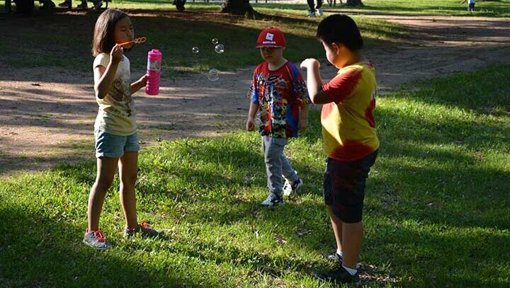 Children blowing bubbles outdoors